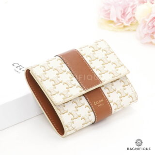 Celine Tri Fold Wallet Short White Brown Canvas GHW