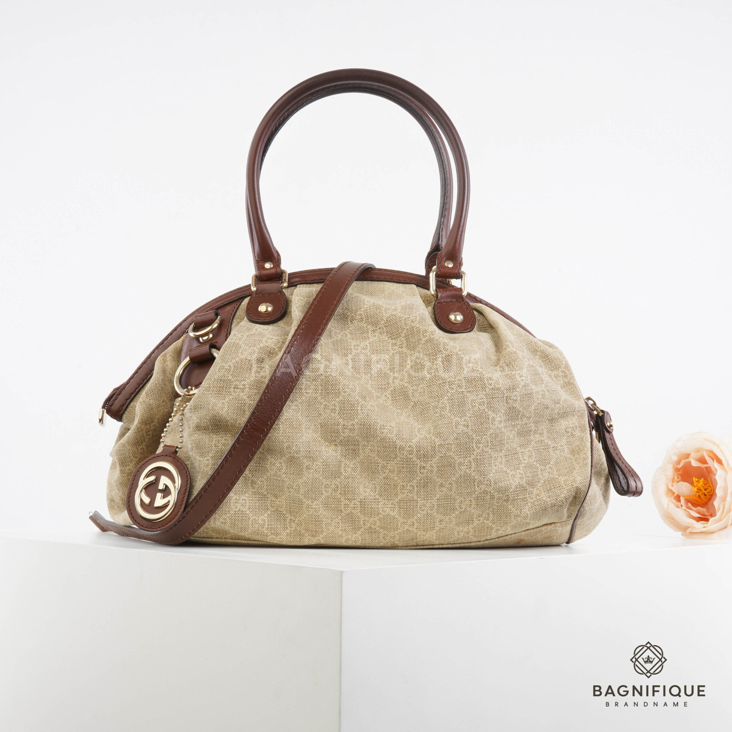 Gucci Tote Handle Brown Denim Biege