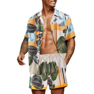 Men's Print Set Lapel Button Short Sleeve Shirt Beach