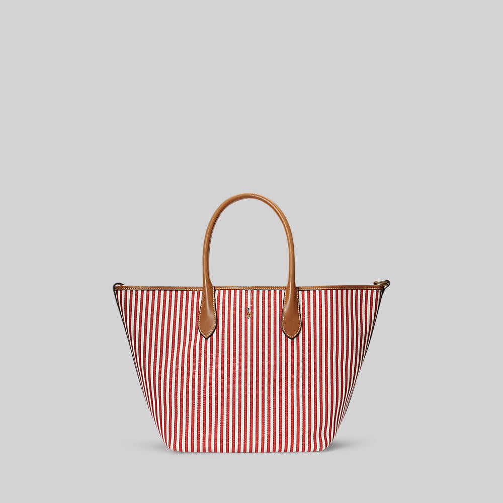 Polo Ralph Lauren Tote Bag Striped Canvas Medium Bellport Tote Red