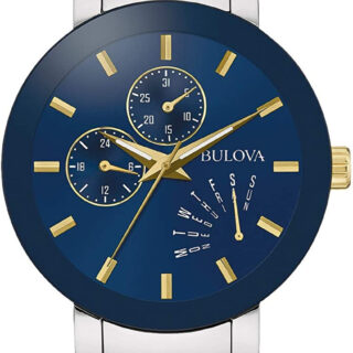 Bulova Mens Multi Function Modern Stainless Steel Watch Modern Futuro Quartz Two Tone Stainless Steel Bracelet Two Tone Gold