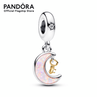 Pandora Moon and key sterling silver and 14k gold plated dangle with clear cubic zirconia and pink lab created opal
