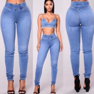 กางเกงรัดรูปผ้ายีนส์สีน้ำเงินวินเทจ